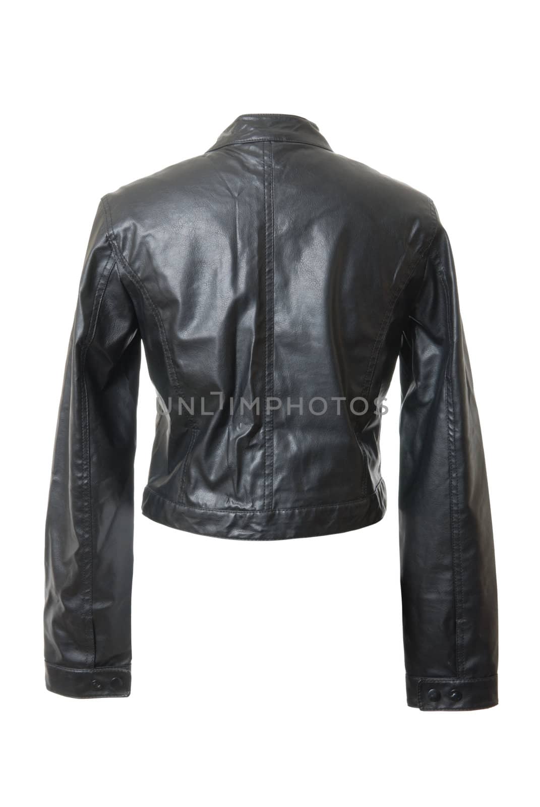 Black and short female leather jacket. Rear view. Isolated on white background