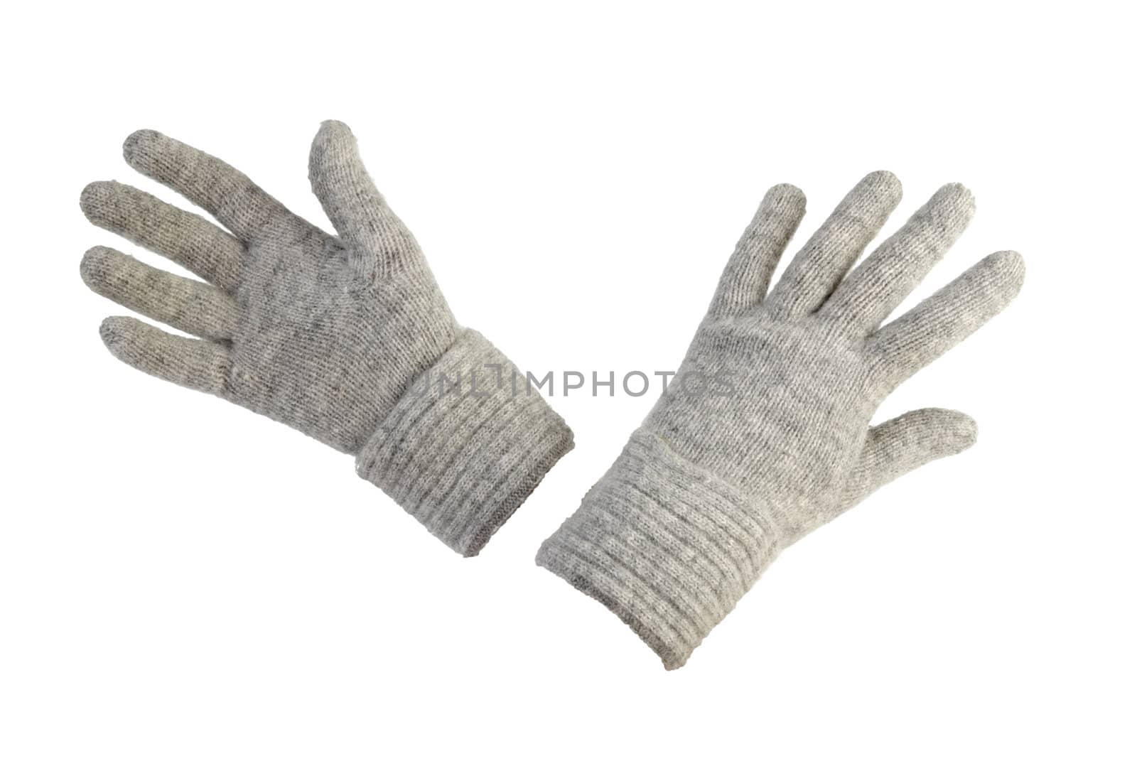 Female grey gloves made of wool. Isolated on white background