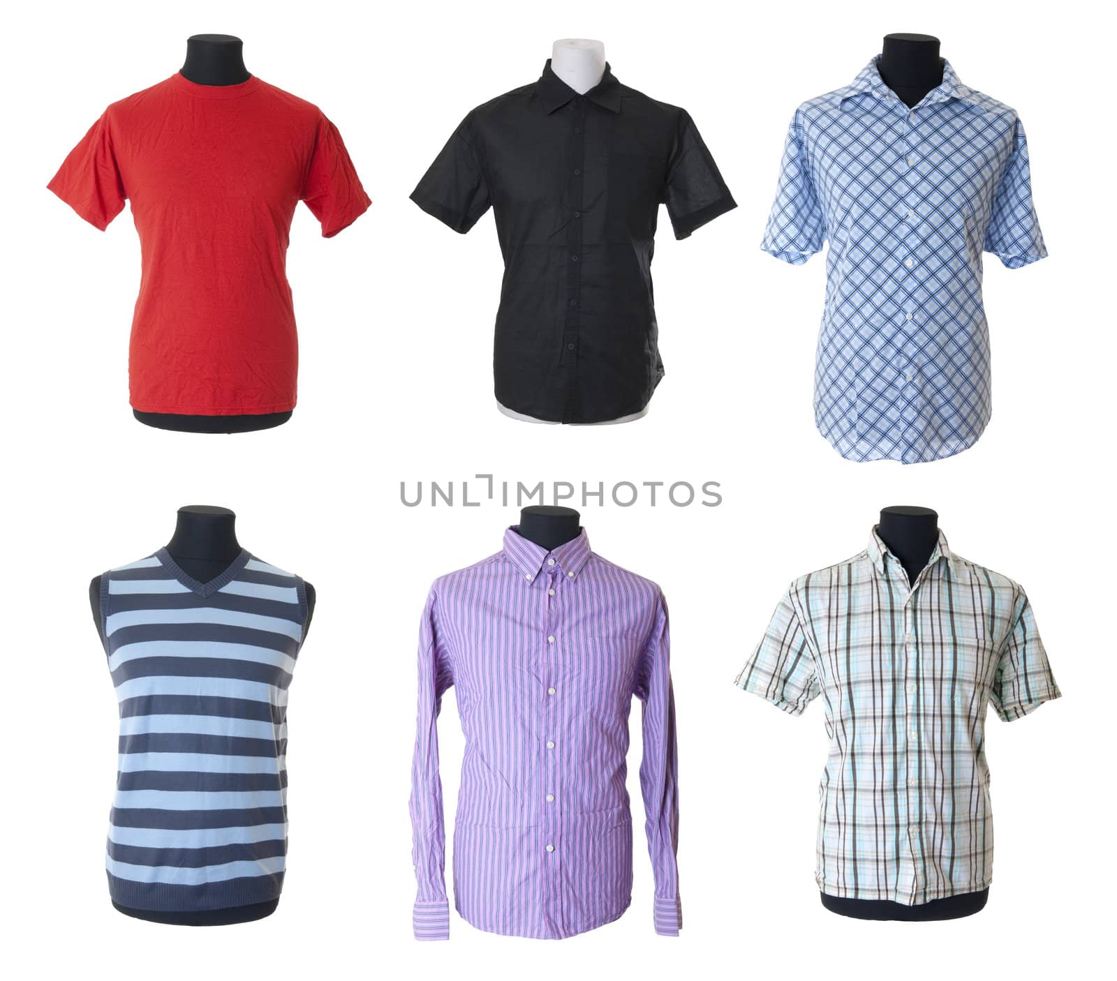 6 male clothes with short and long sleeves on mannequin torso. Isolated on white background