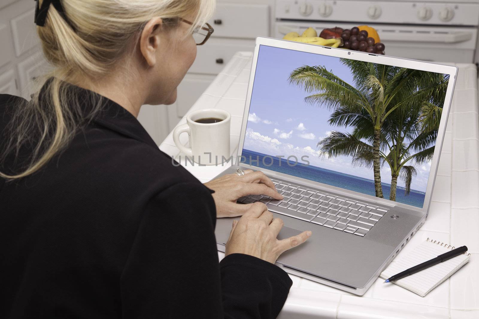 Woman In Kitchen Using Laptop - Vacation by Feverpitched