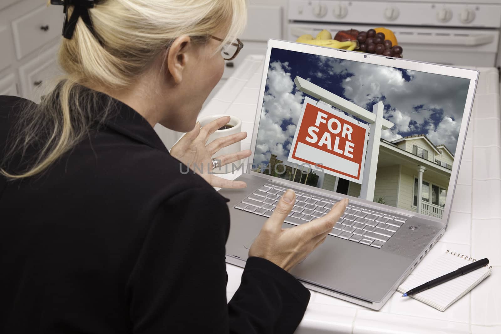 Excited Woman In Kitchen Using Laptop  - Real Estate Shopping by Feverpitched