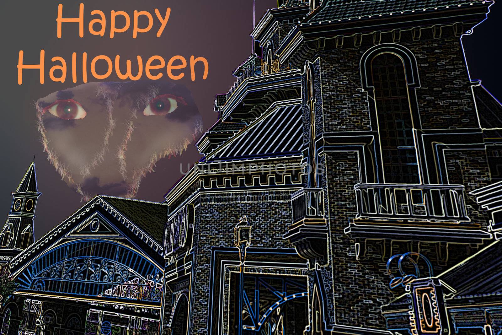 scary halloween castle with werwolf and copyspace and happy halloween text
