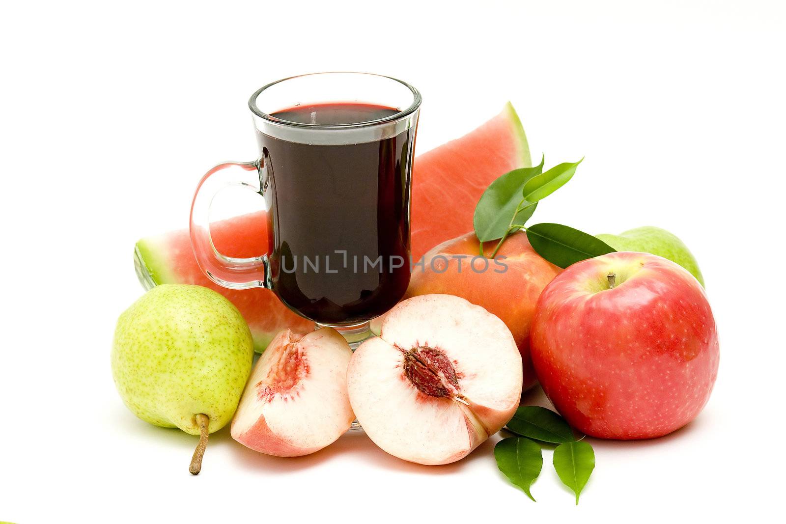 glass of fruit juice and fresh fruits