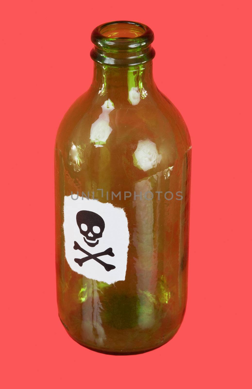 Green bottle with sticker skull and crossbones on red