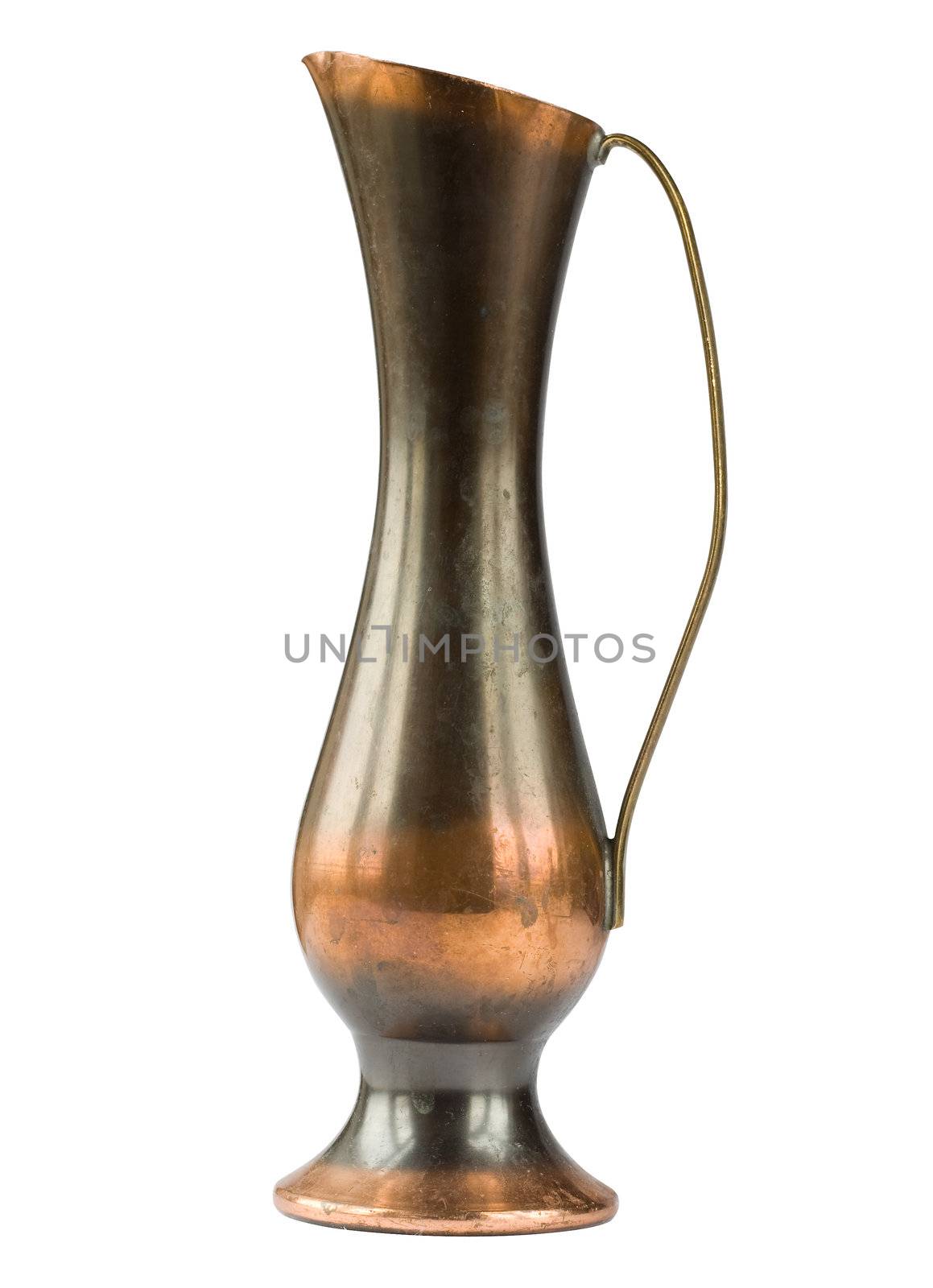 Old copper vase with handle isolated on white. Clipping path included