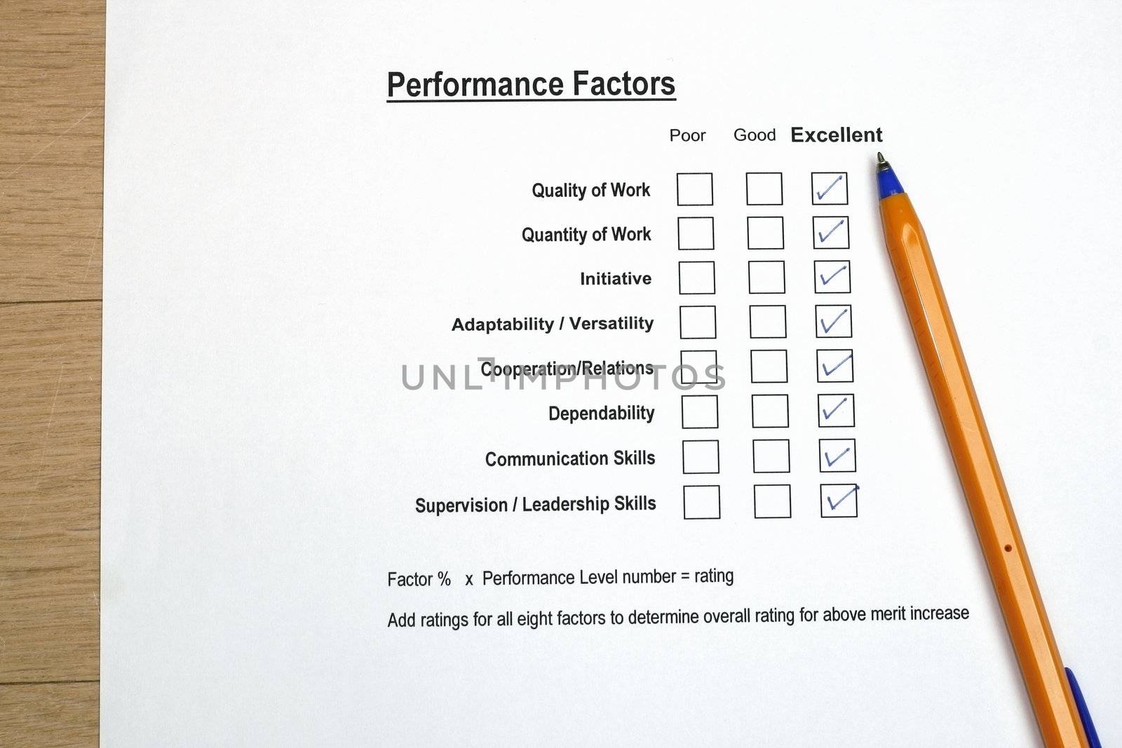 Performance evaluation survey concept - many uses for human resources evualtion for merit increase or promotion.