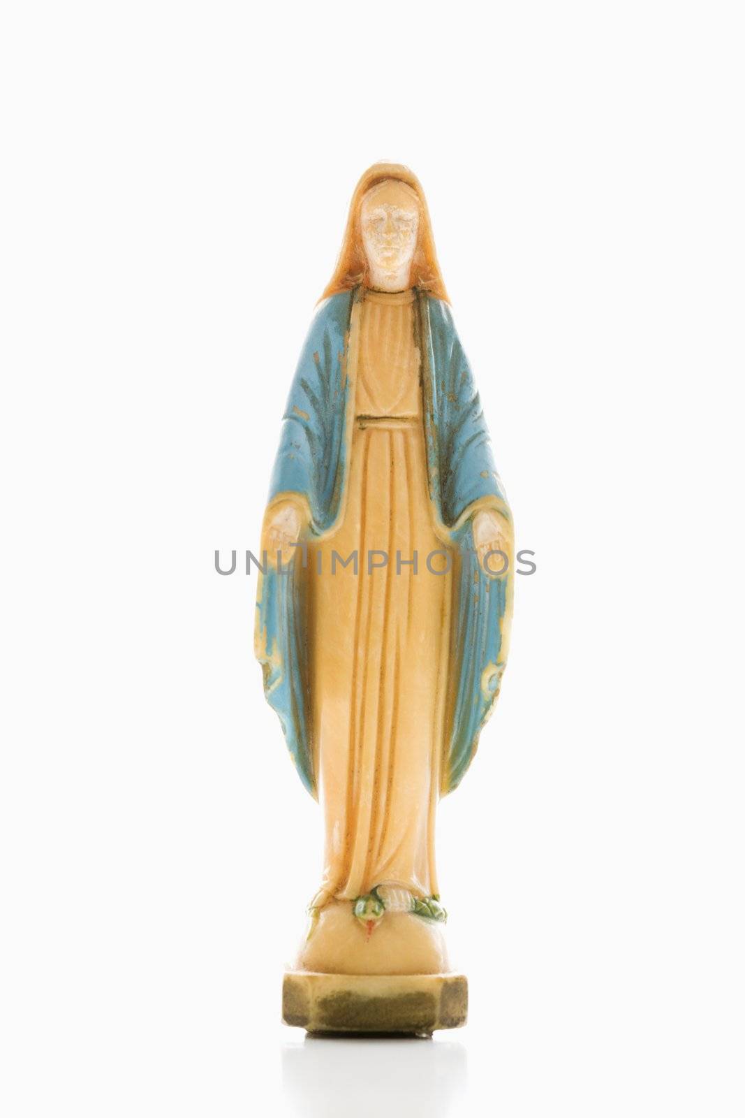 Virgin Mary statue with hands held out against white background.