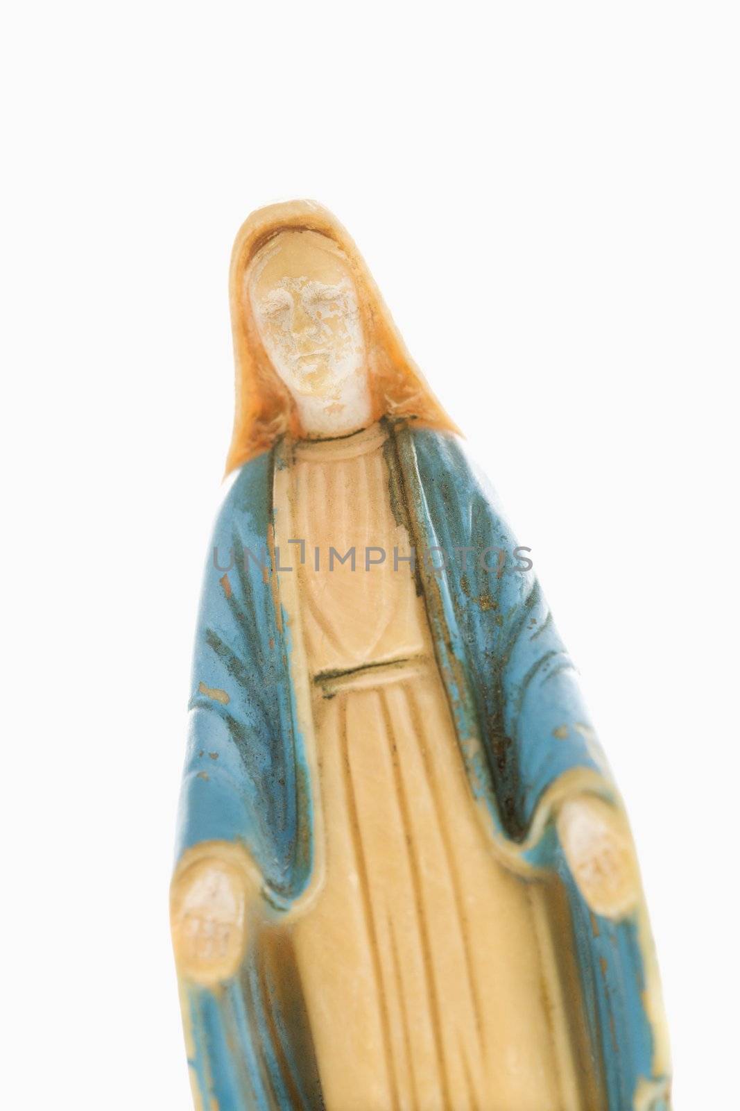 Virgin Mary statue with hands held out against white background.