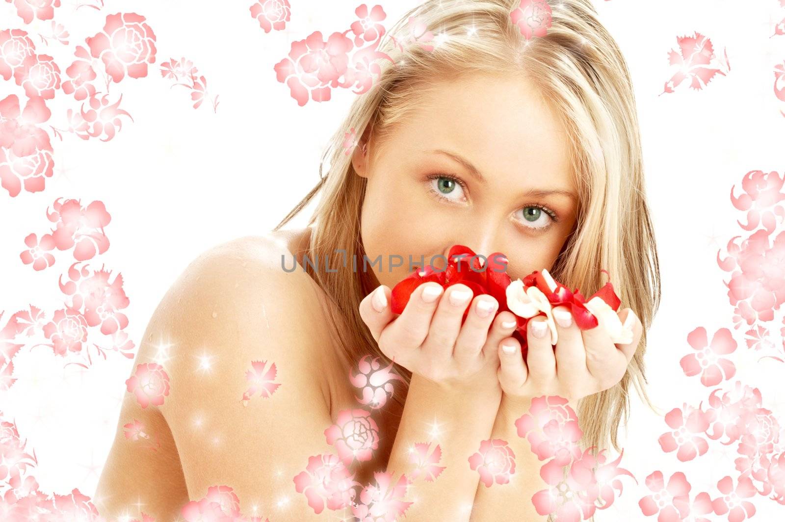 lovely blond with red and white rose petals and rendered flowers by dolgachov