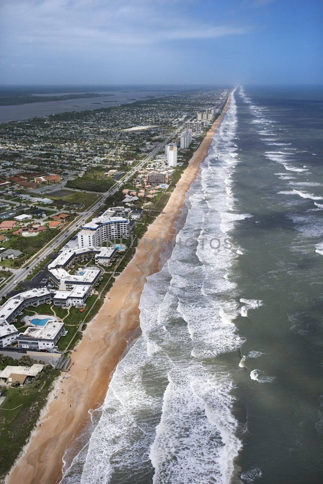 Aerial view of Ormond Beach, Florida with oceanfront buildings.