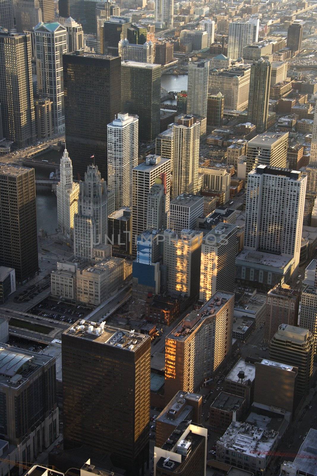 Aerial view of buildings in downtown Chicago, Illinois.