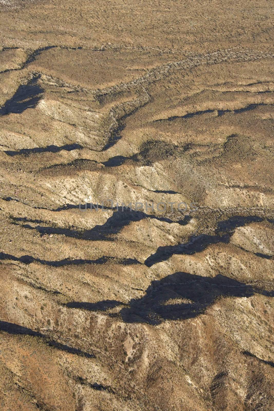 Aerial view of southwestern mountain landscape.