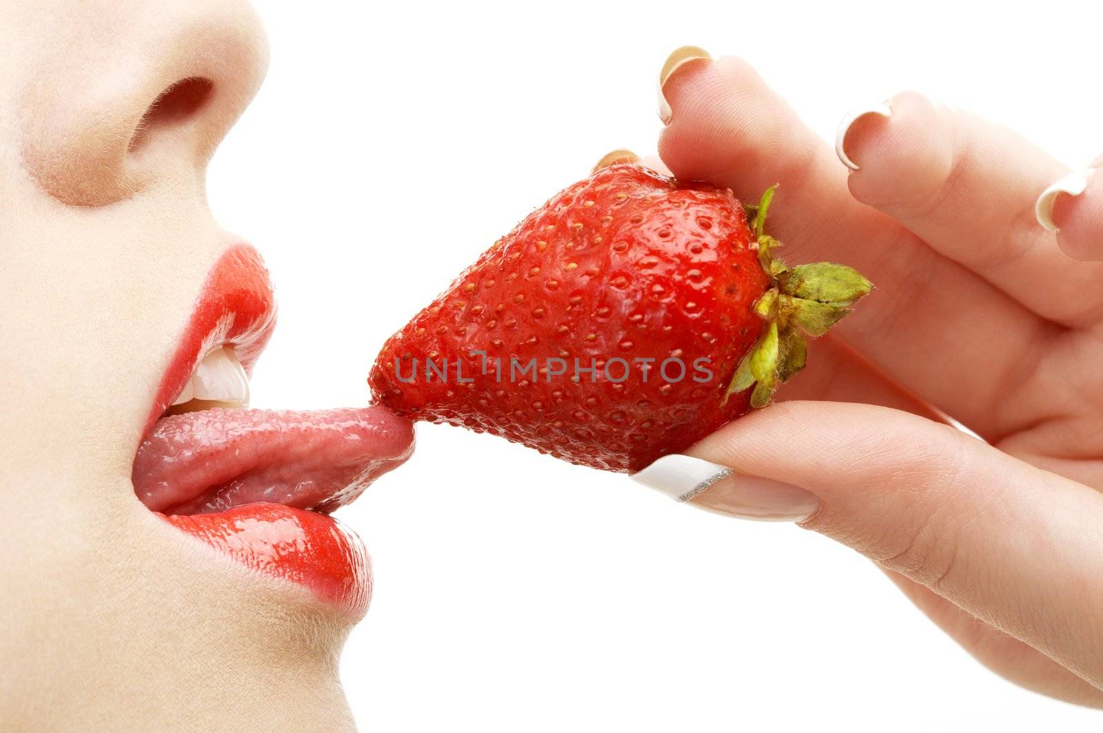 picture of strawberry, lips and tongue over white