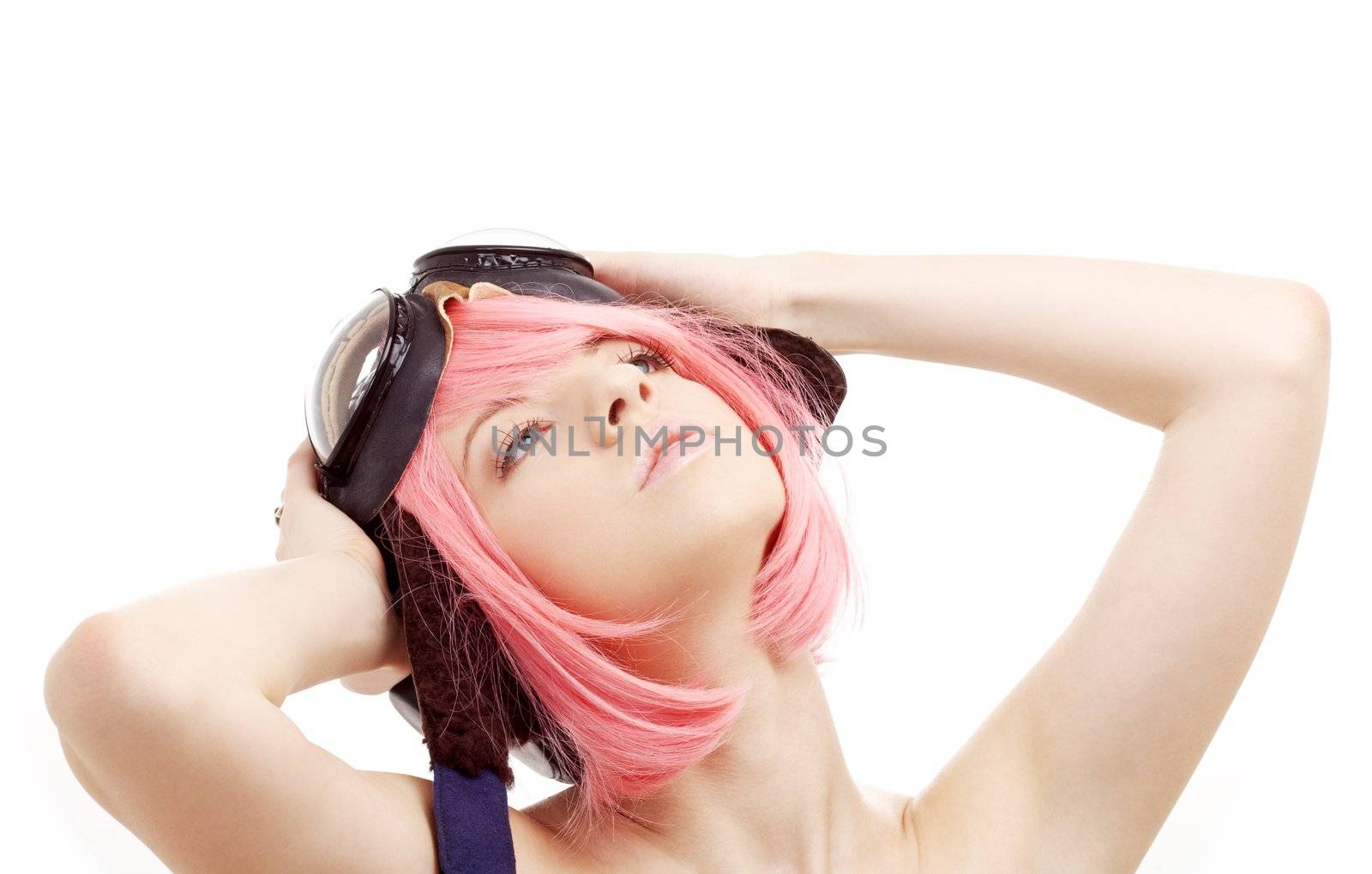 daydreaming pink hair girl in aviator helmet by dolgachov