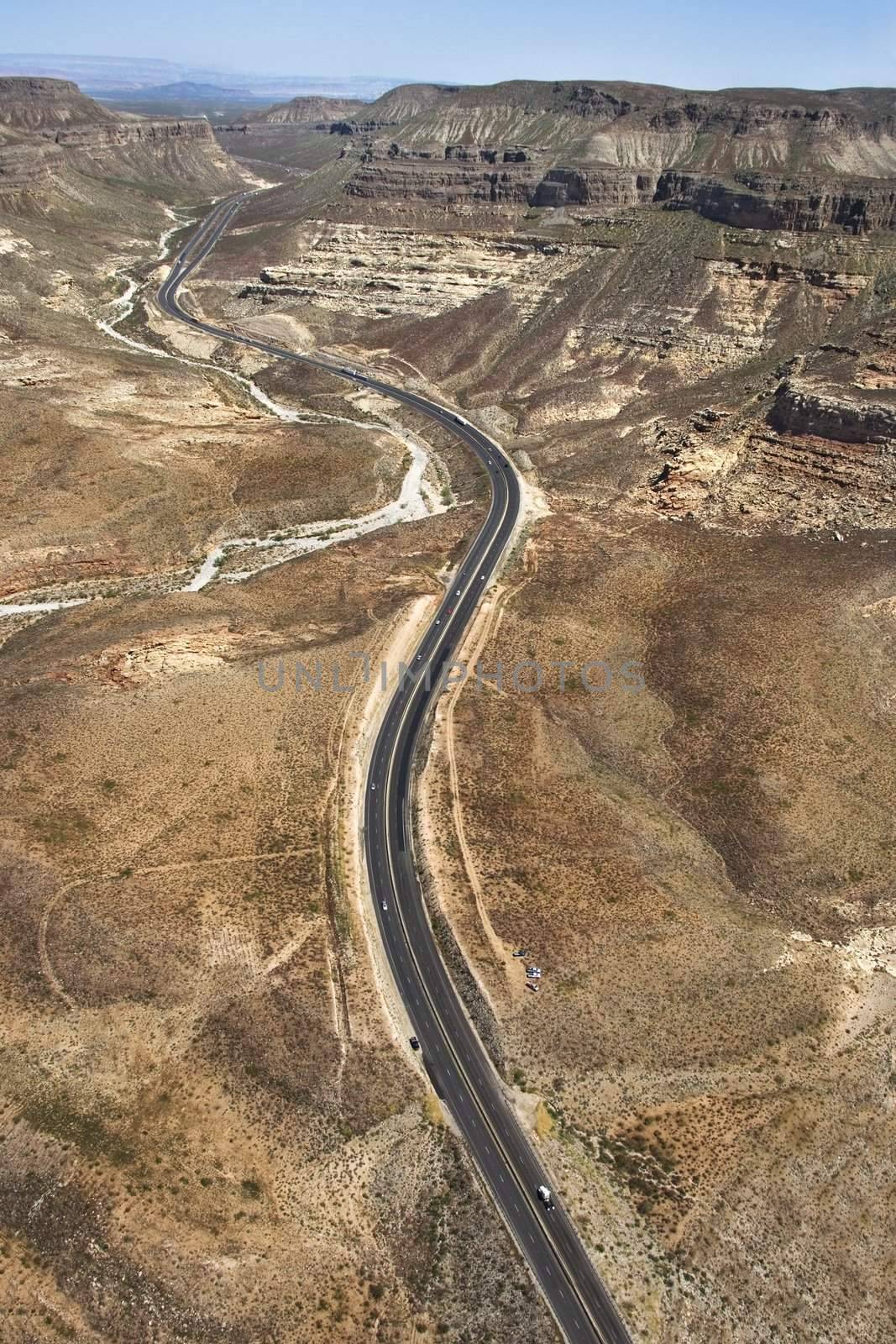 Aerial of scenic highway Interstate 15 through desert landscape of Arizona, USA.