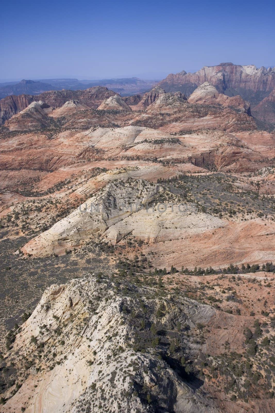Aerial of desert landscape in Zion National Park in Utah, USA.