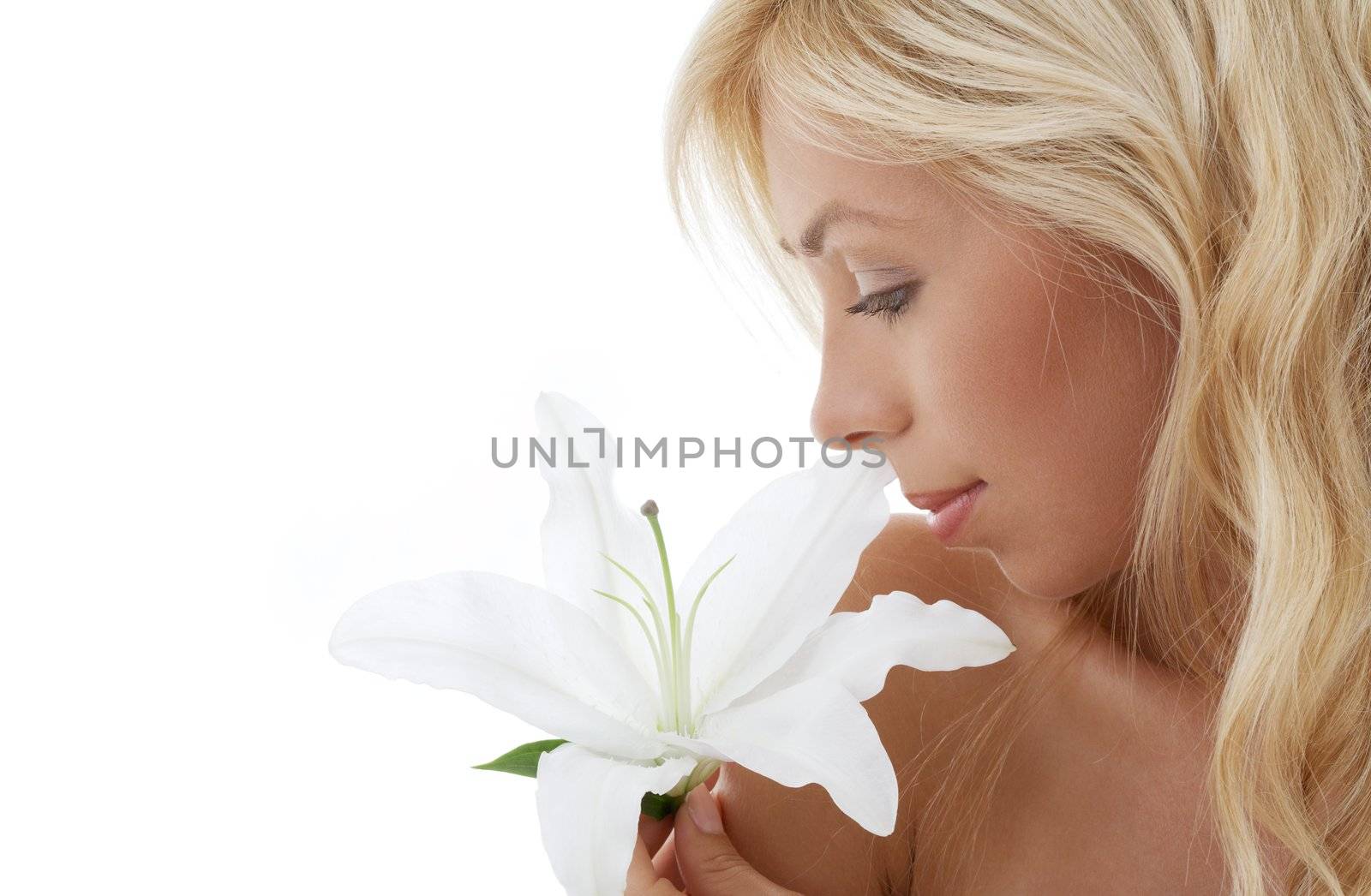 pretty lady with madonna lily over white