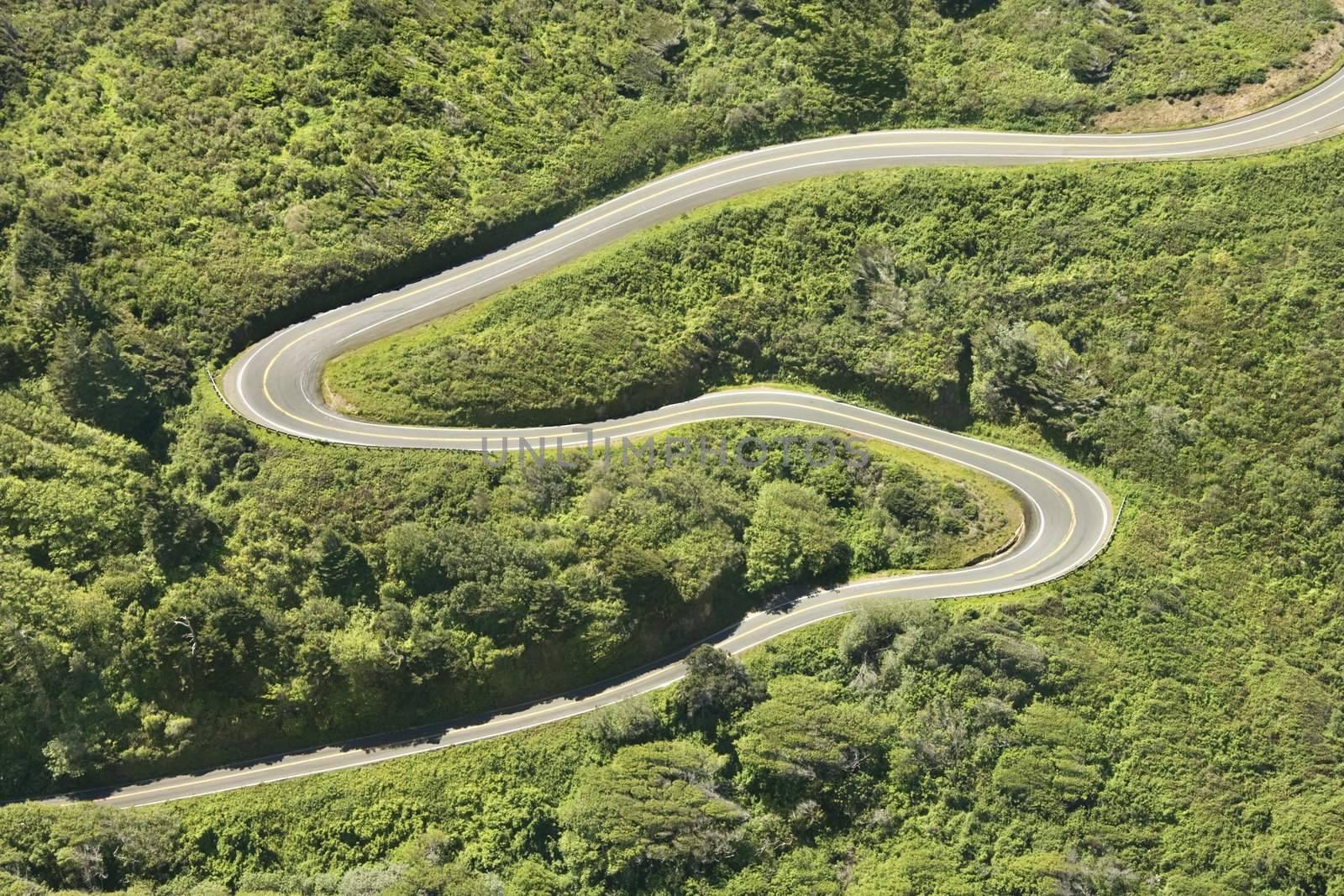 Aerial of winding country road Shoreline Highway in California, USA.