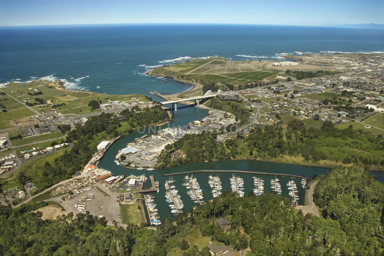 Aerial of coastal California town off the Shoreline Highway, USA.