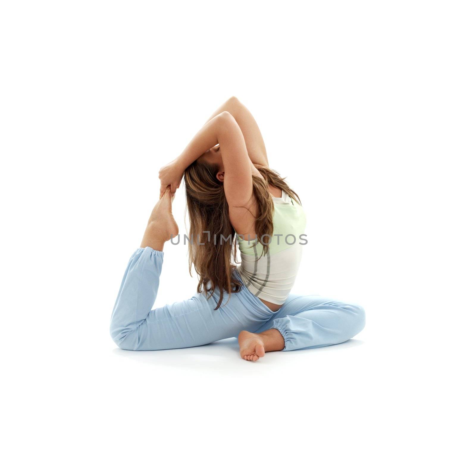 lovely girl practicing ashtanga yoga over white