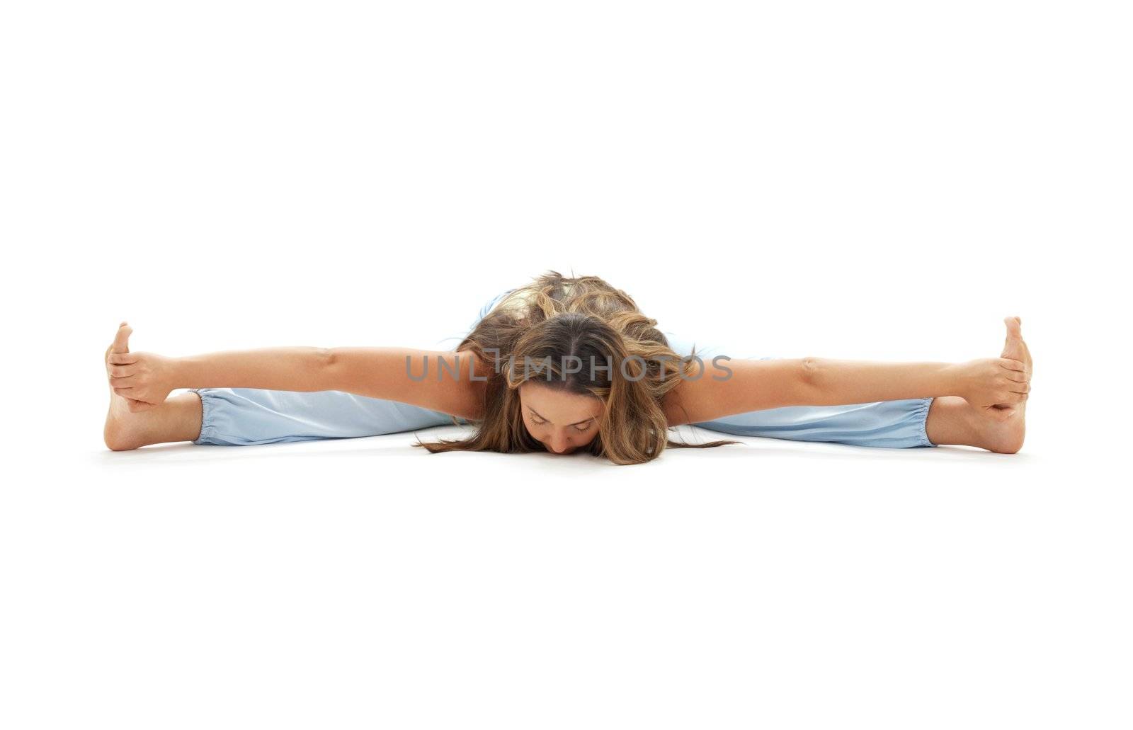 lovely girl practicing ashtanga yoga over white