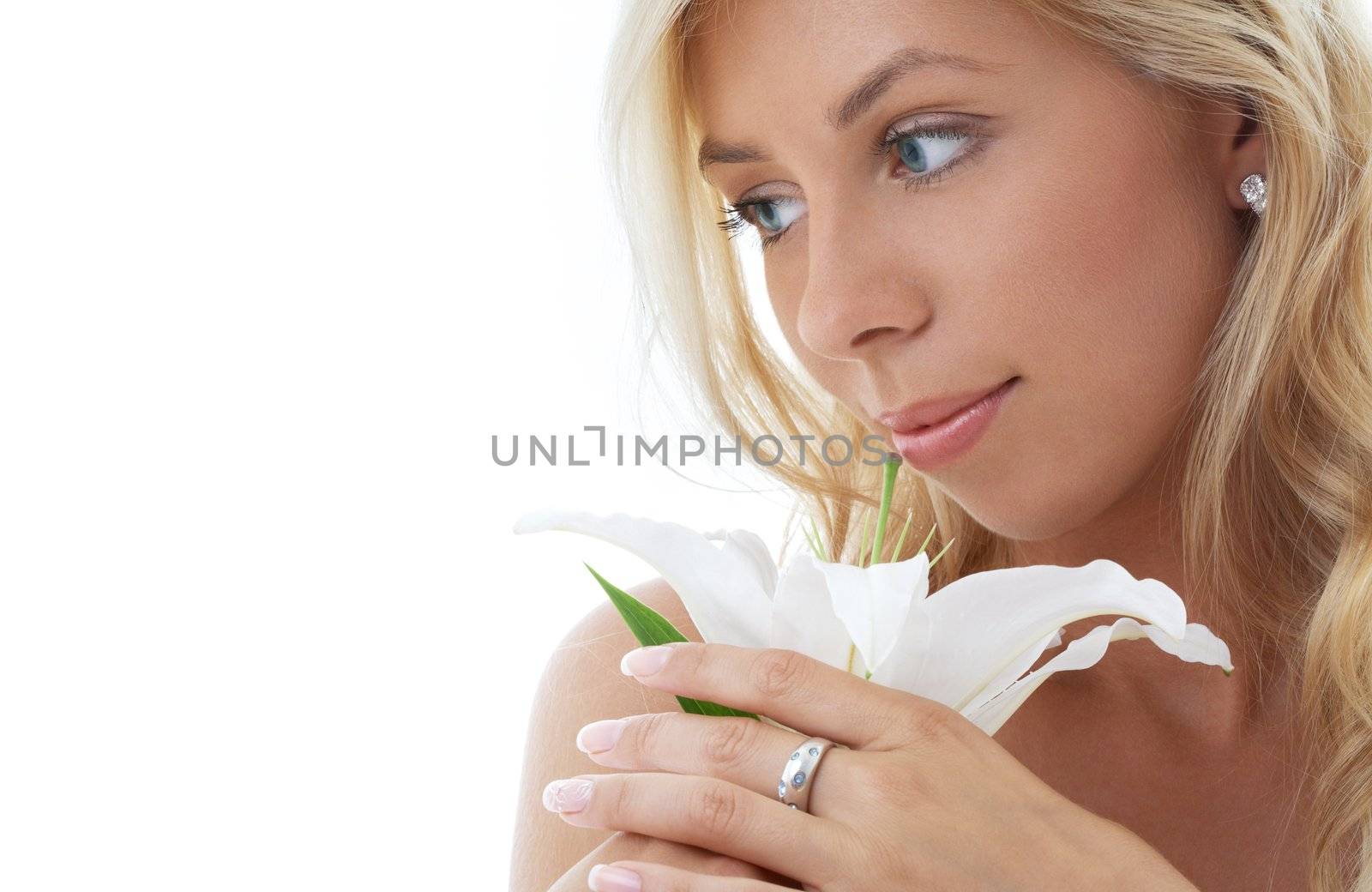 pretty lady with madonna lily over white