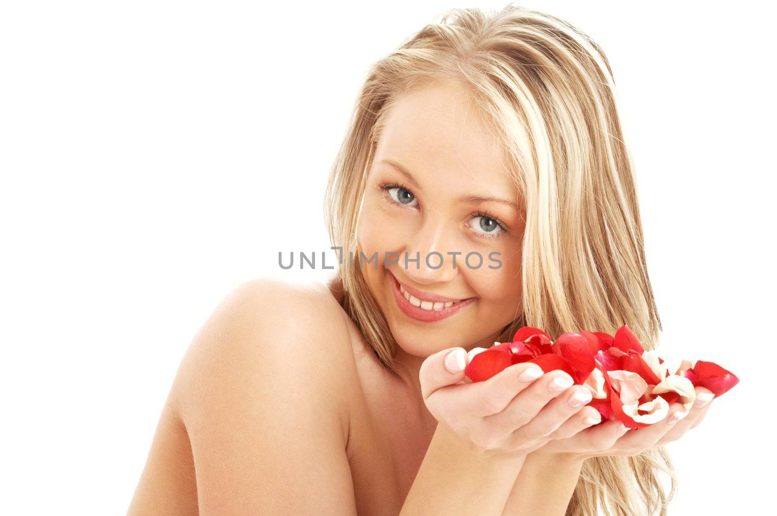 lovely blond in spa with red and white rose petals #3 by dolgachov