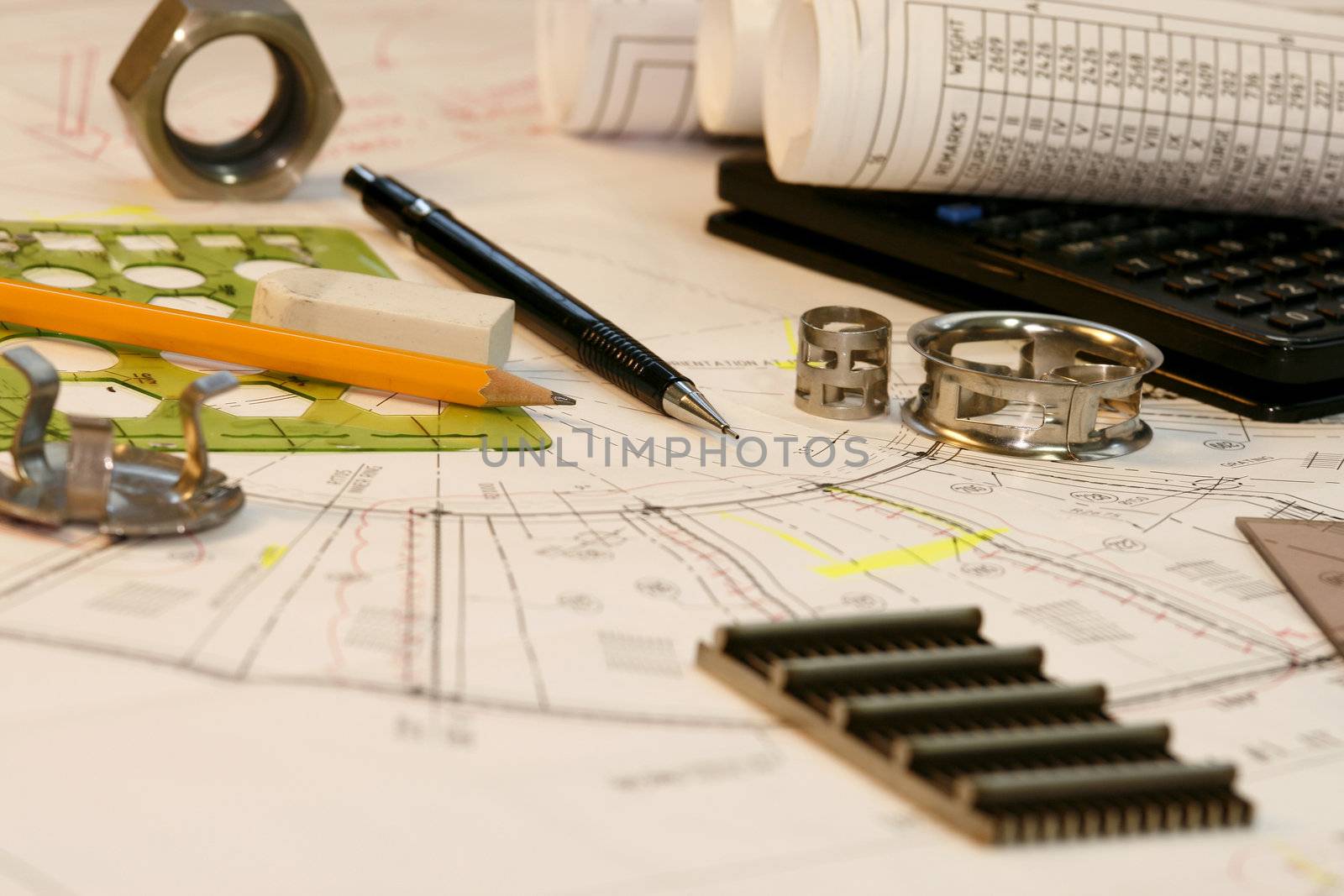 Engineering tools blueprints eraser pen templates and calculator