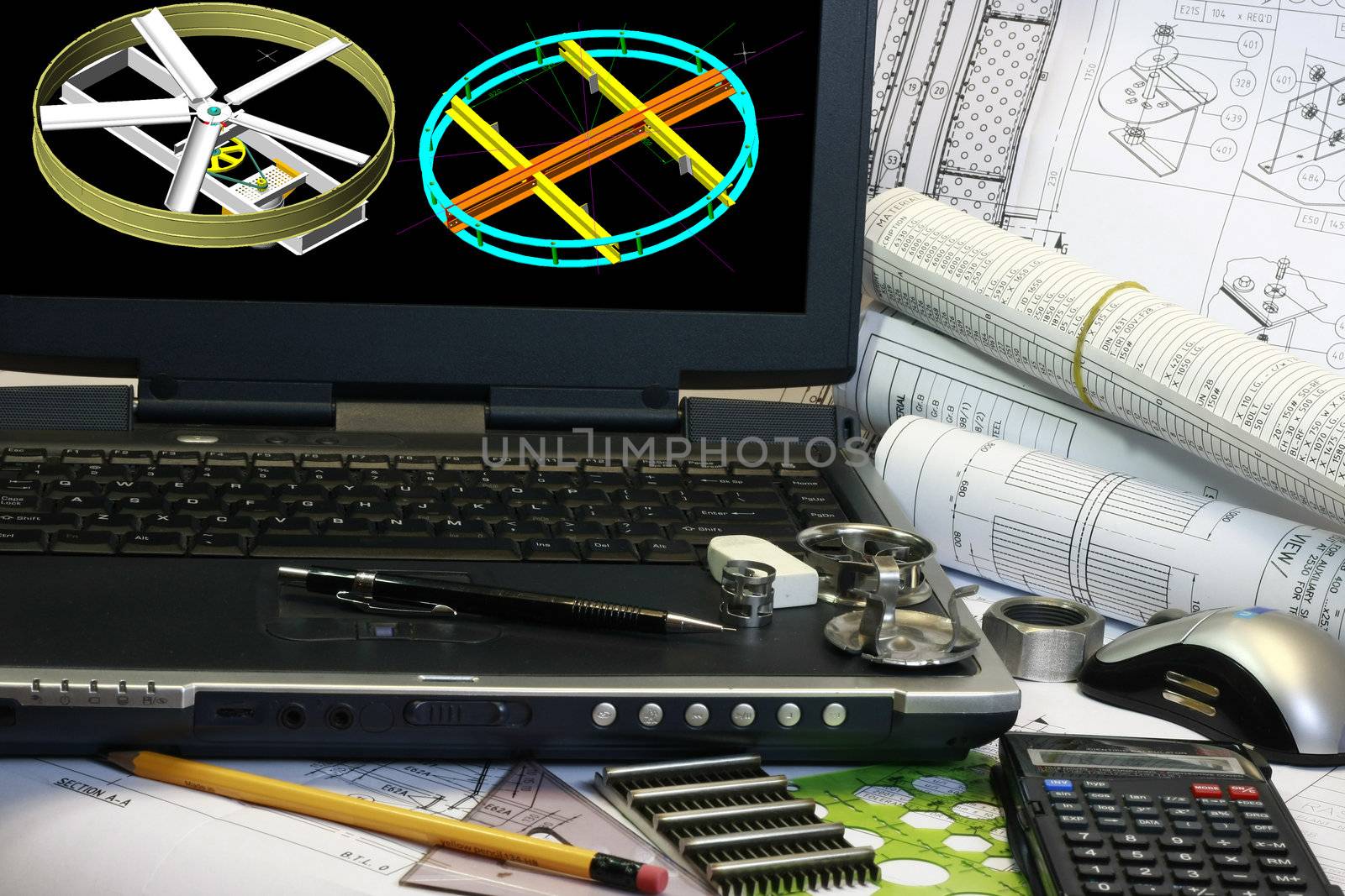 Drafting of 3d machine model parts. Note display in the monitor is my original works.