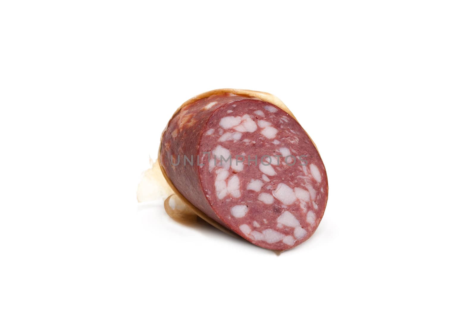 Piece of the cleaned sausage insulated on white background