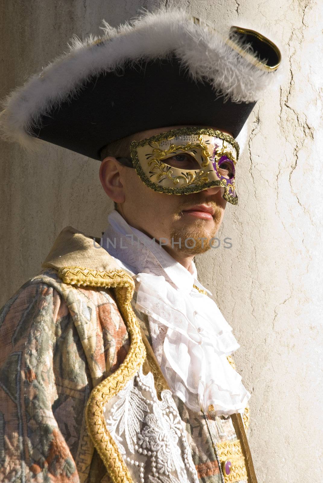 Traditionally dressed Venice carnival  male performer in Piazza San Marco, Italy