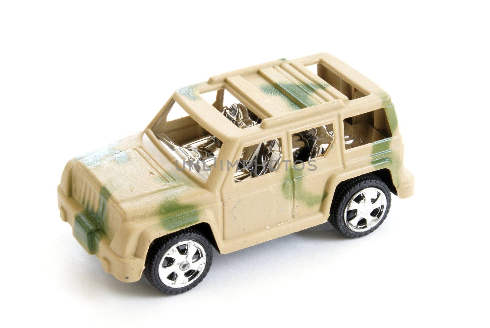 A single toy military vehicle on white background.