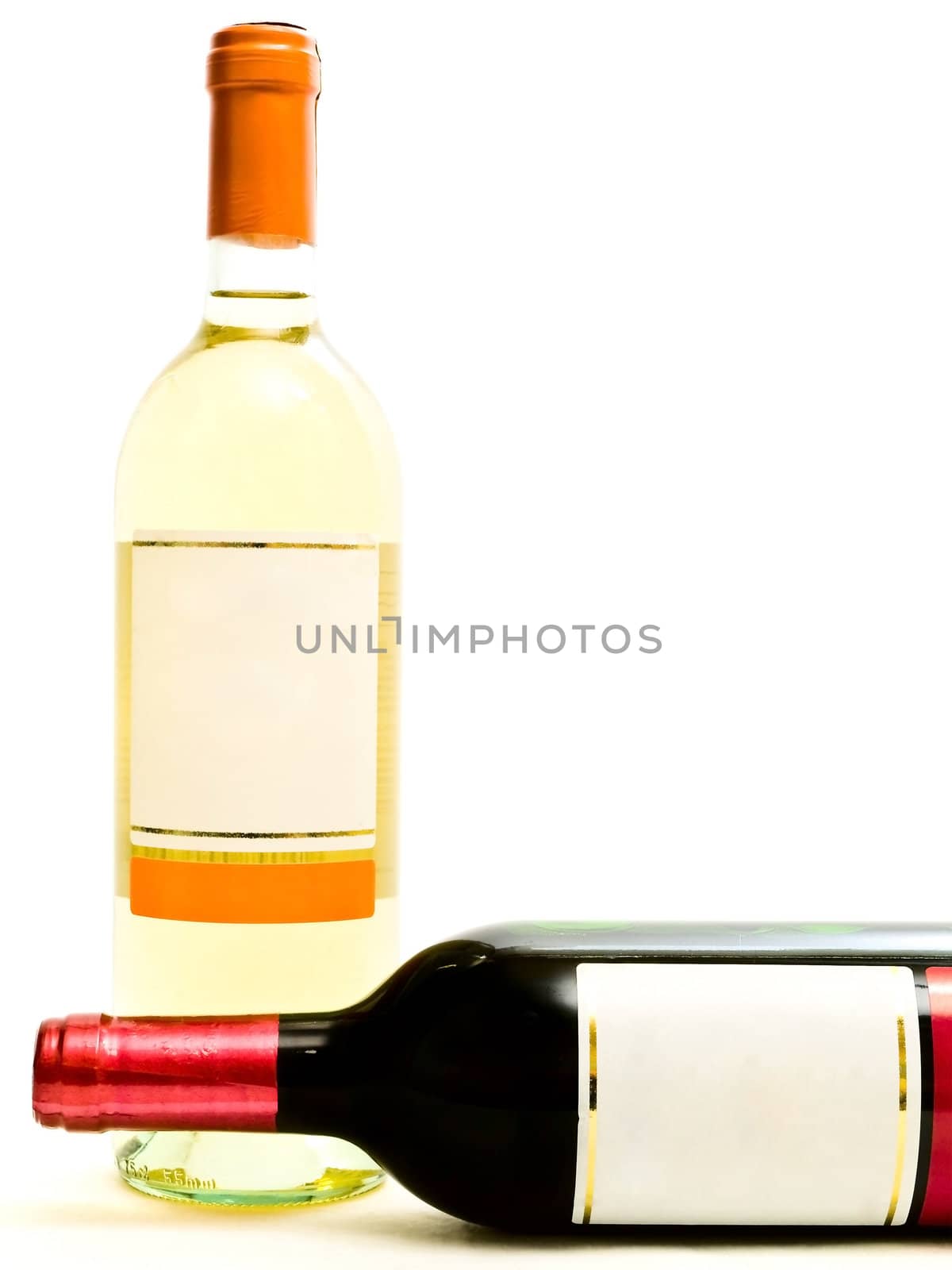 two bottles red and white wine against the white background