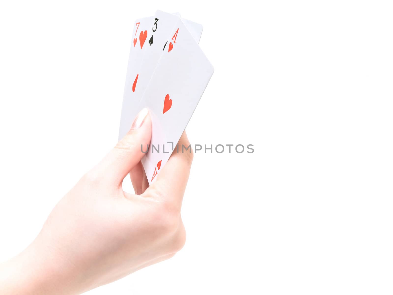 playing cards in the woman hand against the white background