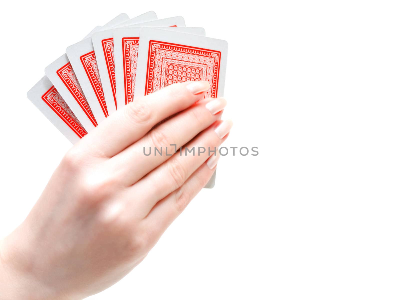 playing cards in the woman hand against the white background