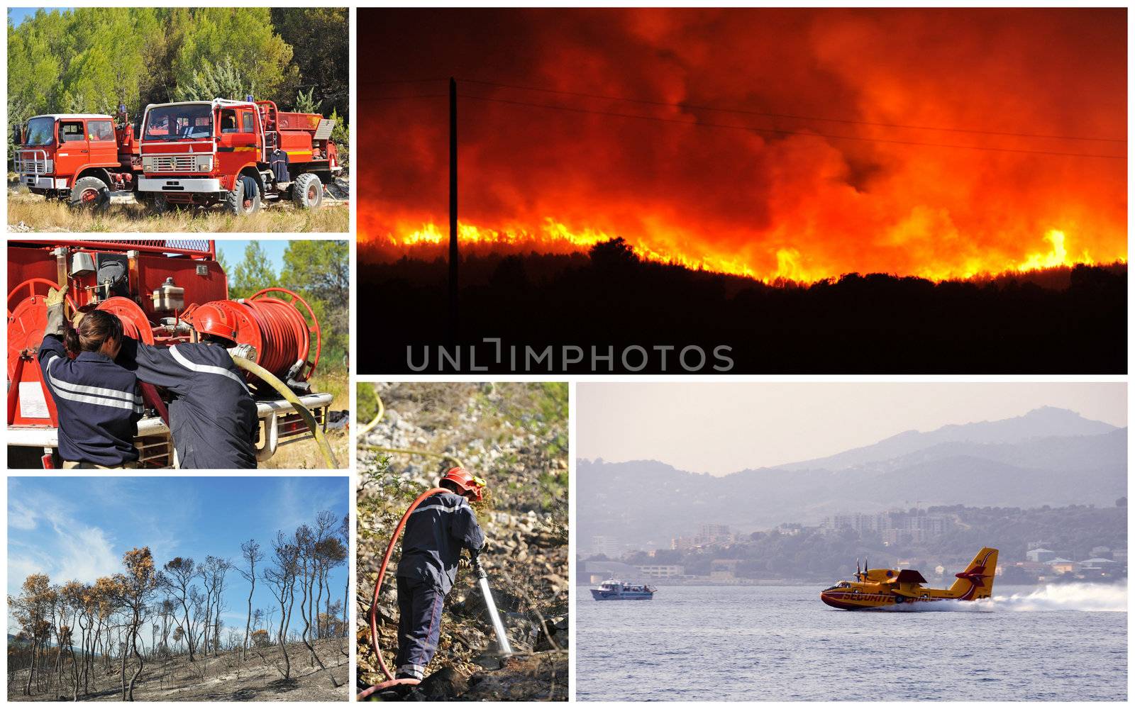 composite picture on the firemen in action and fire