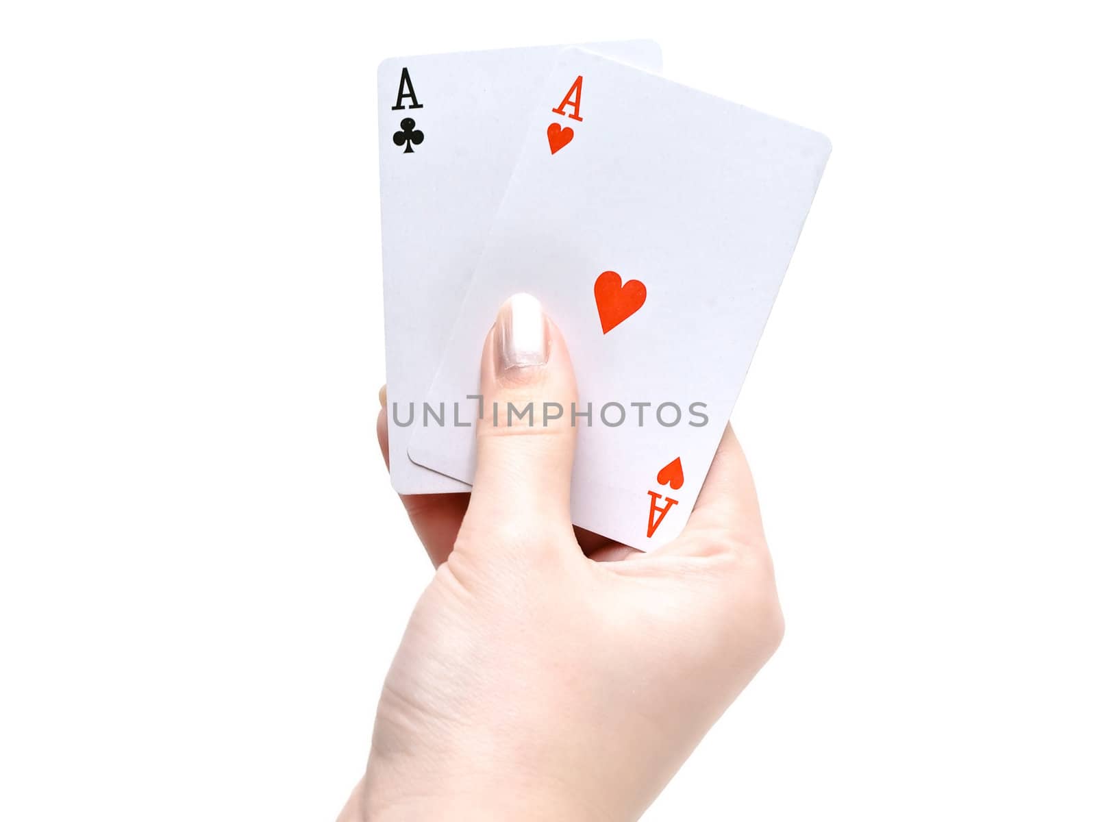 playing cards in the woman hand against the white background