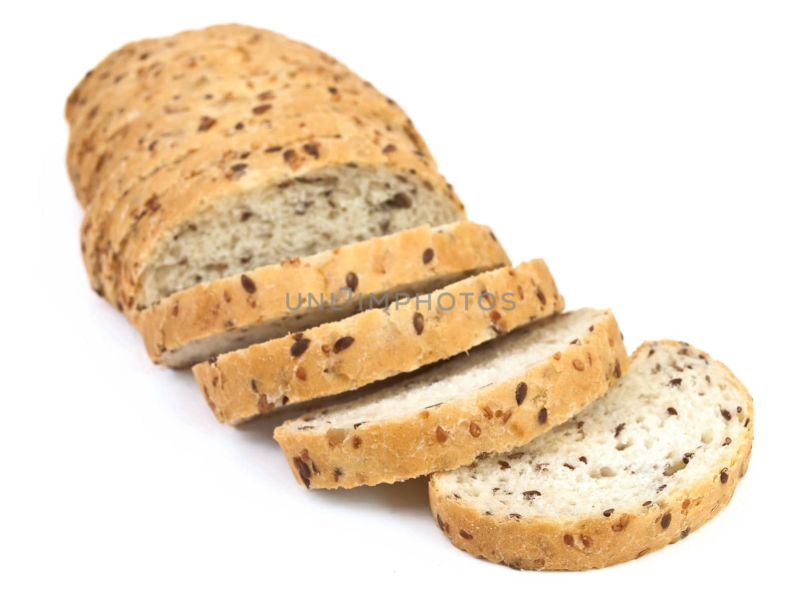 Photo of the cutting bread against the white background
