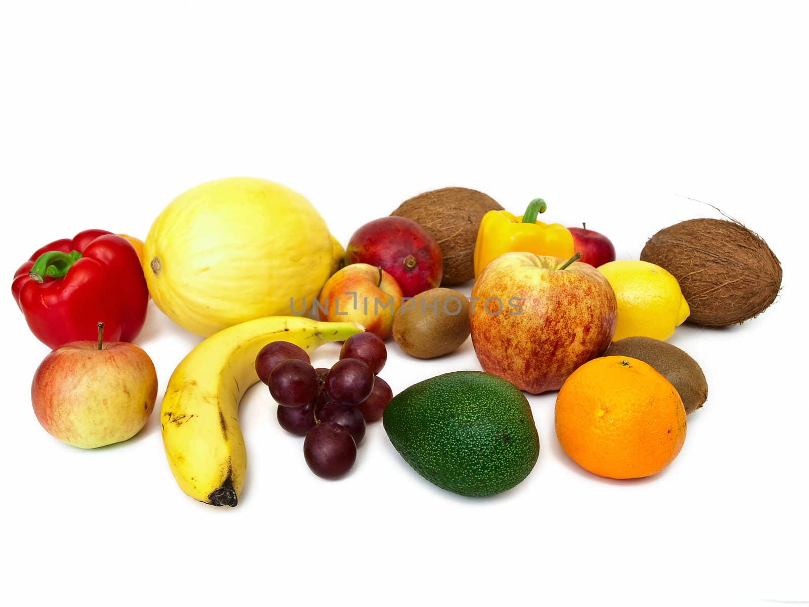 fruits and vegetables against white background
