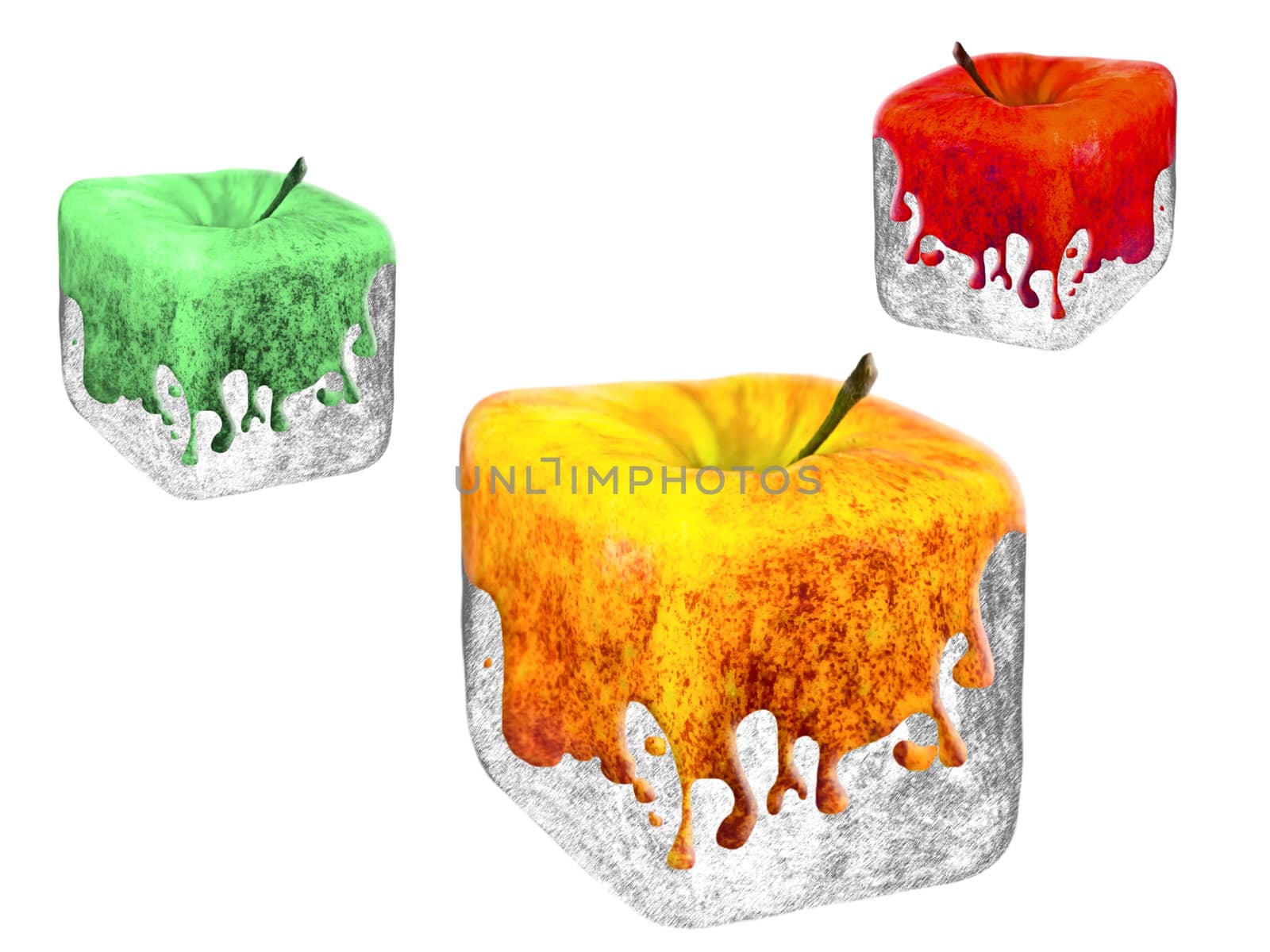three multicolored square apples over the white background
