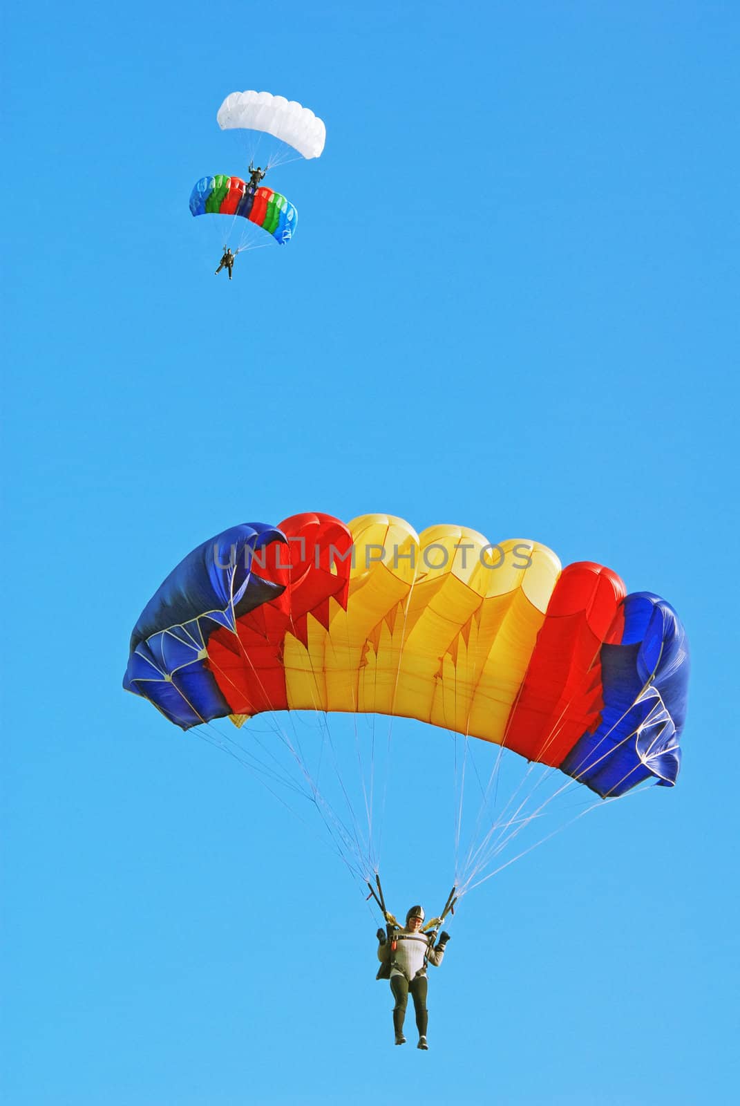 Parachutists in the blue sky by photoka