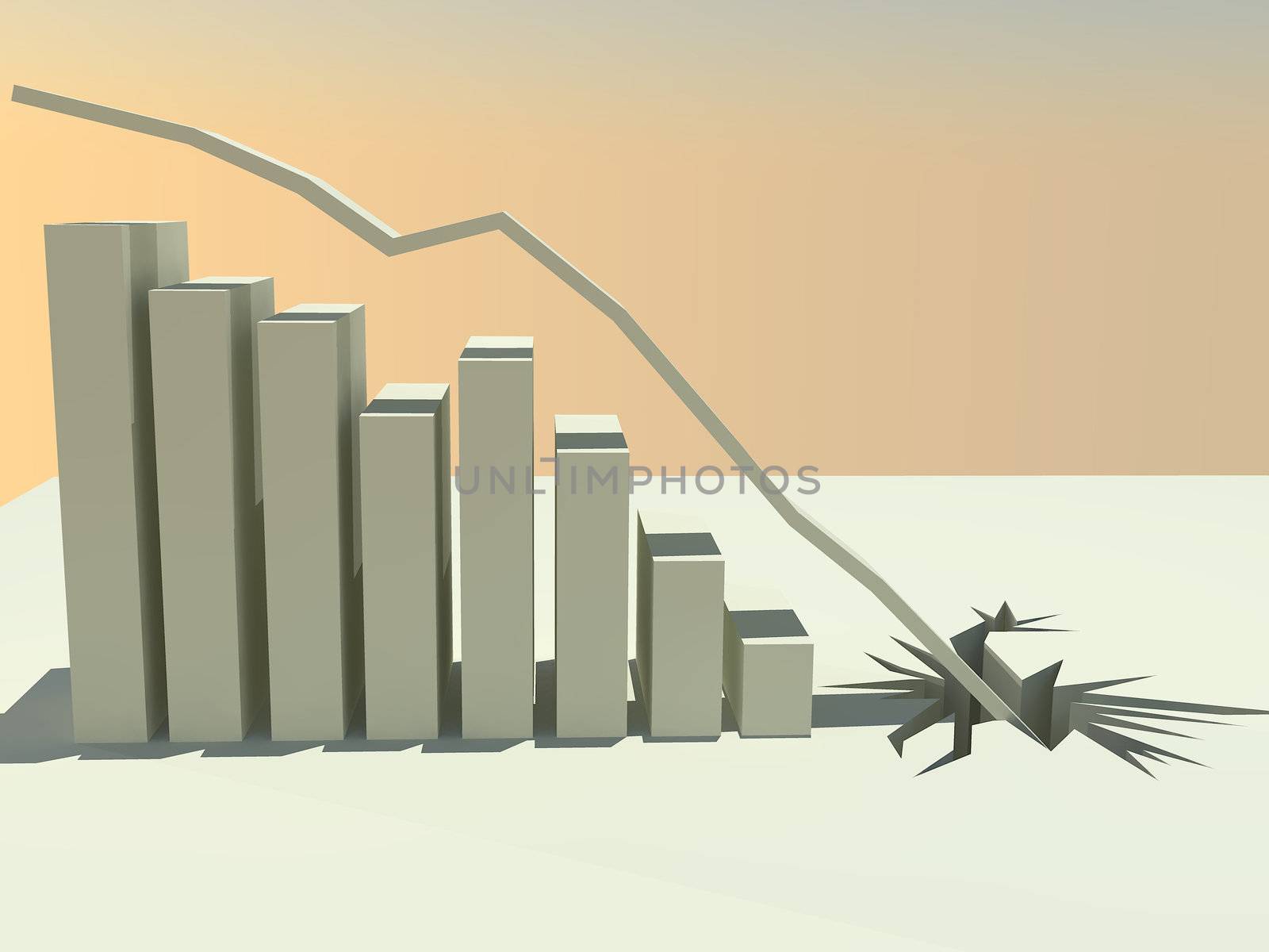 A 3d rendered bar graph showing continual decline until the line crashes through the floor.