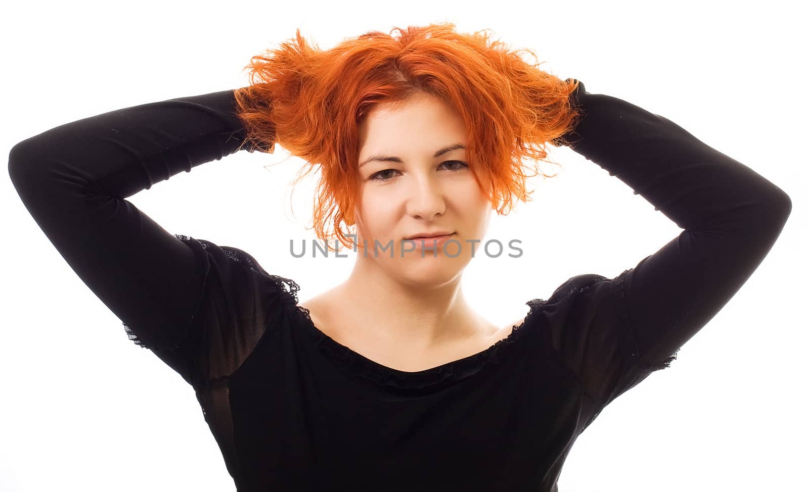 beautiful girl with red hair, looking at camera