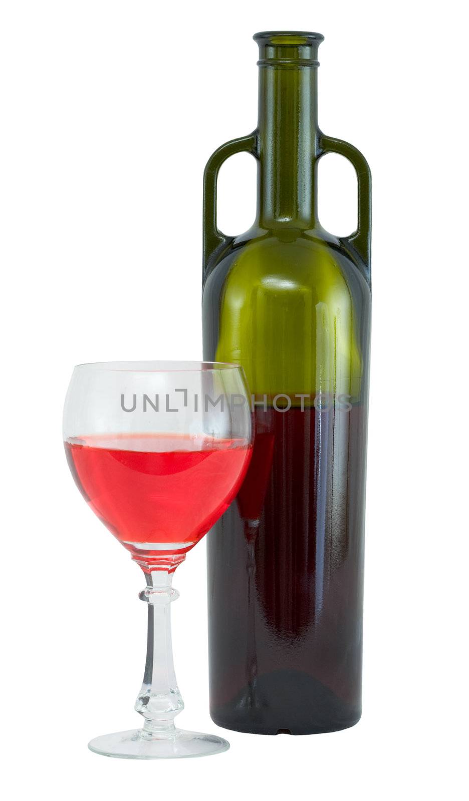 Still-life with a glass of wine and a bottle on a white background
