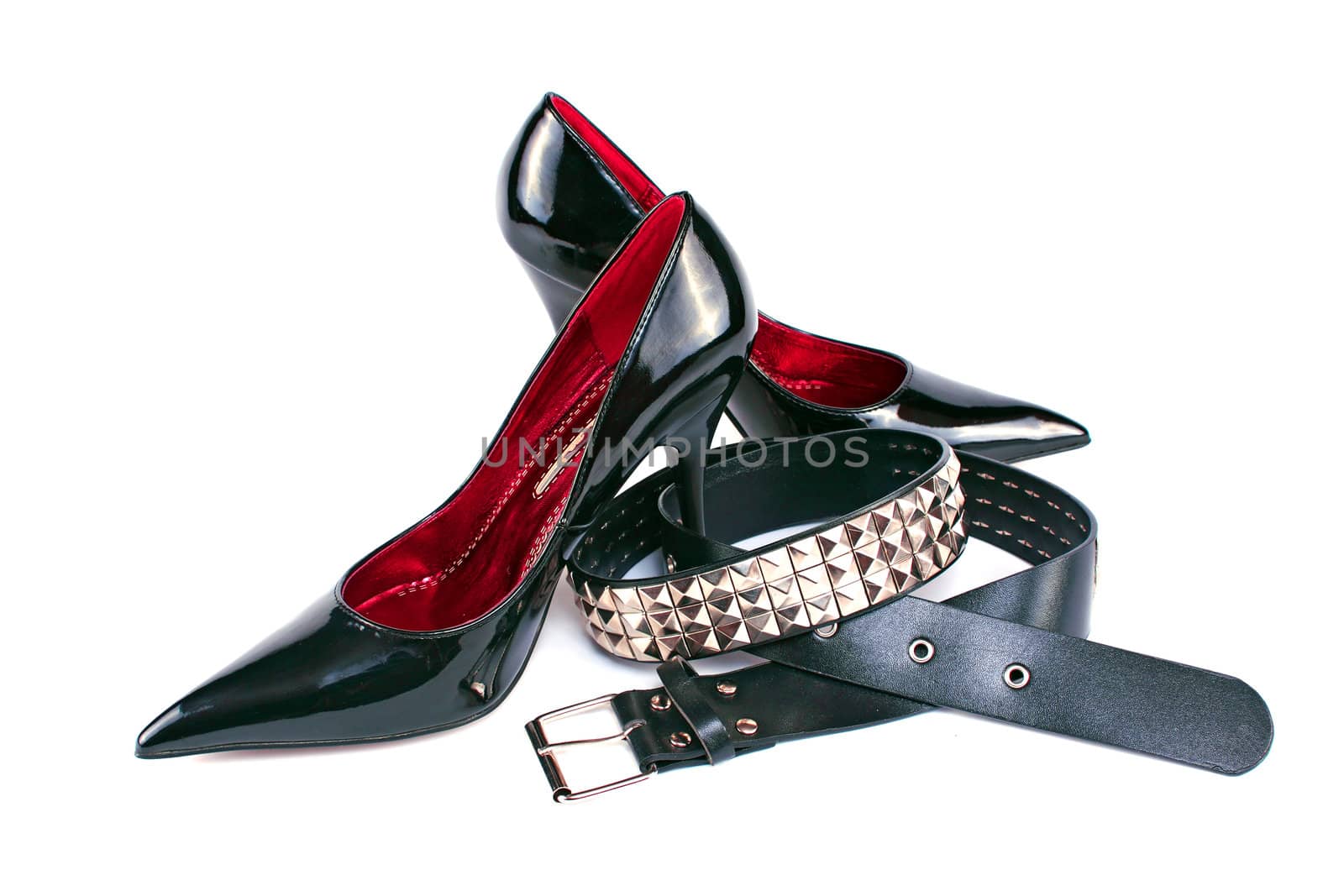 High heels and black leather belt isolated on white background