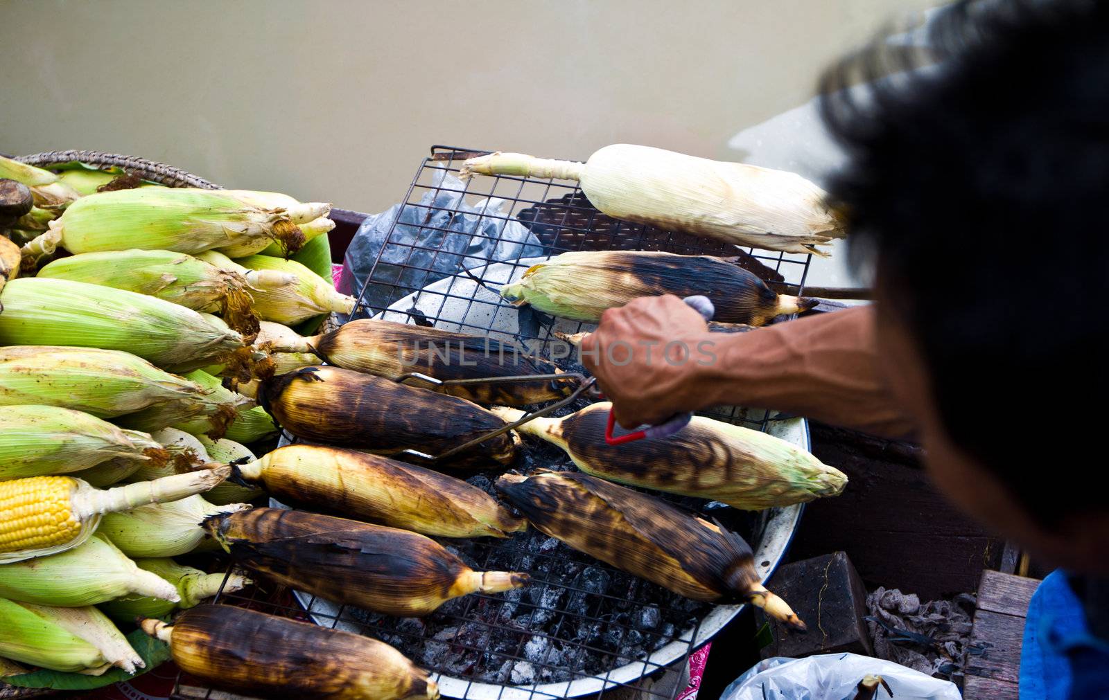 Grilled corn with native style at floating market in pattaya,Thailand