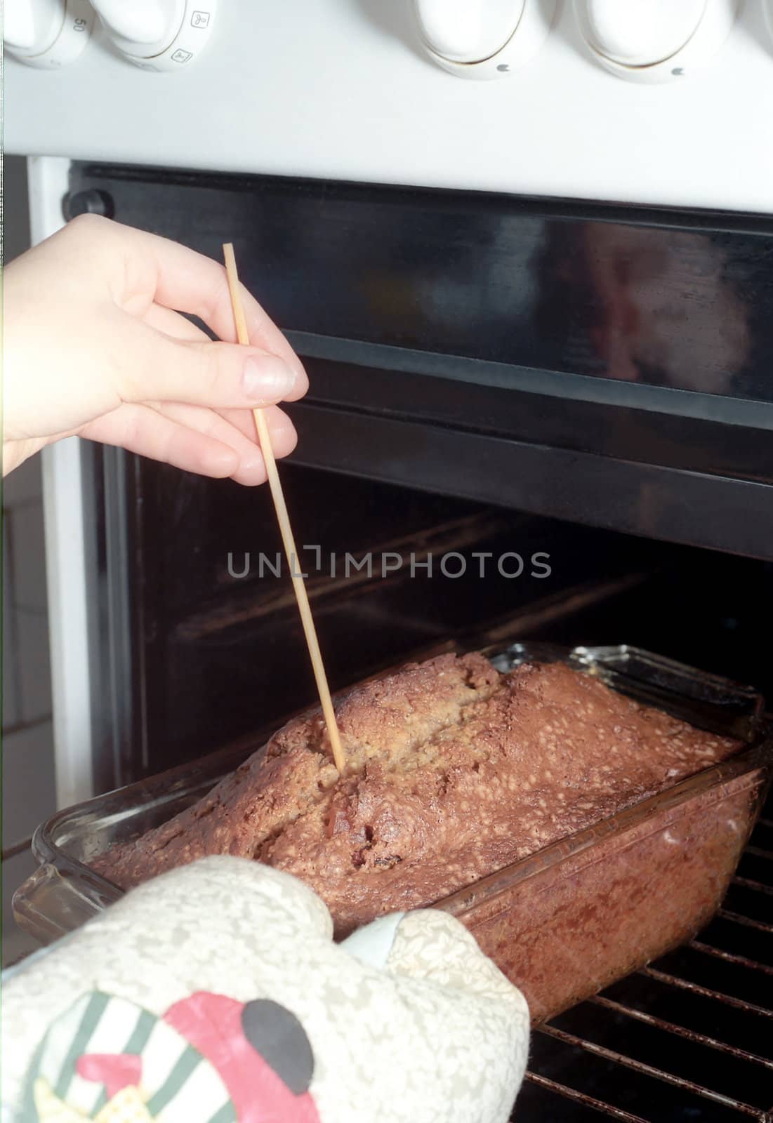 Testing of Dundee cake with wooden stick on wire rack of oven