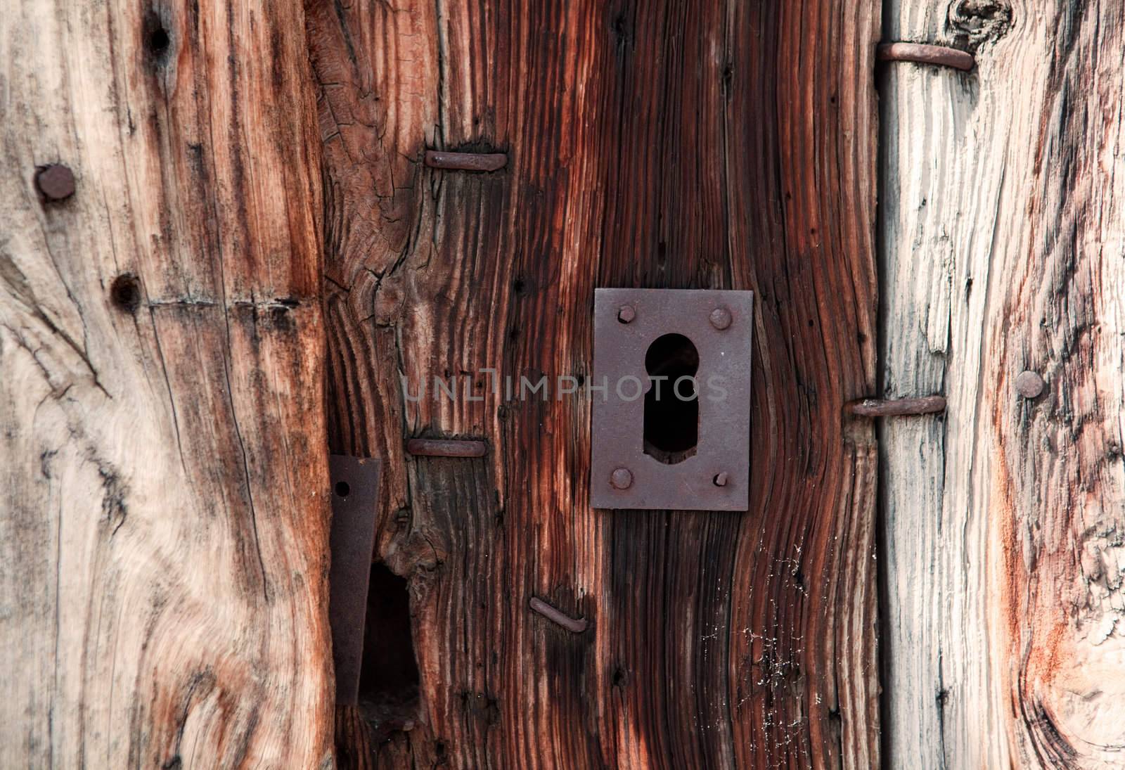 Close up image of Old lock and wood door