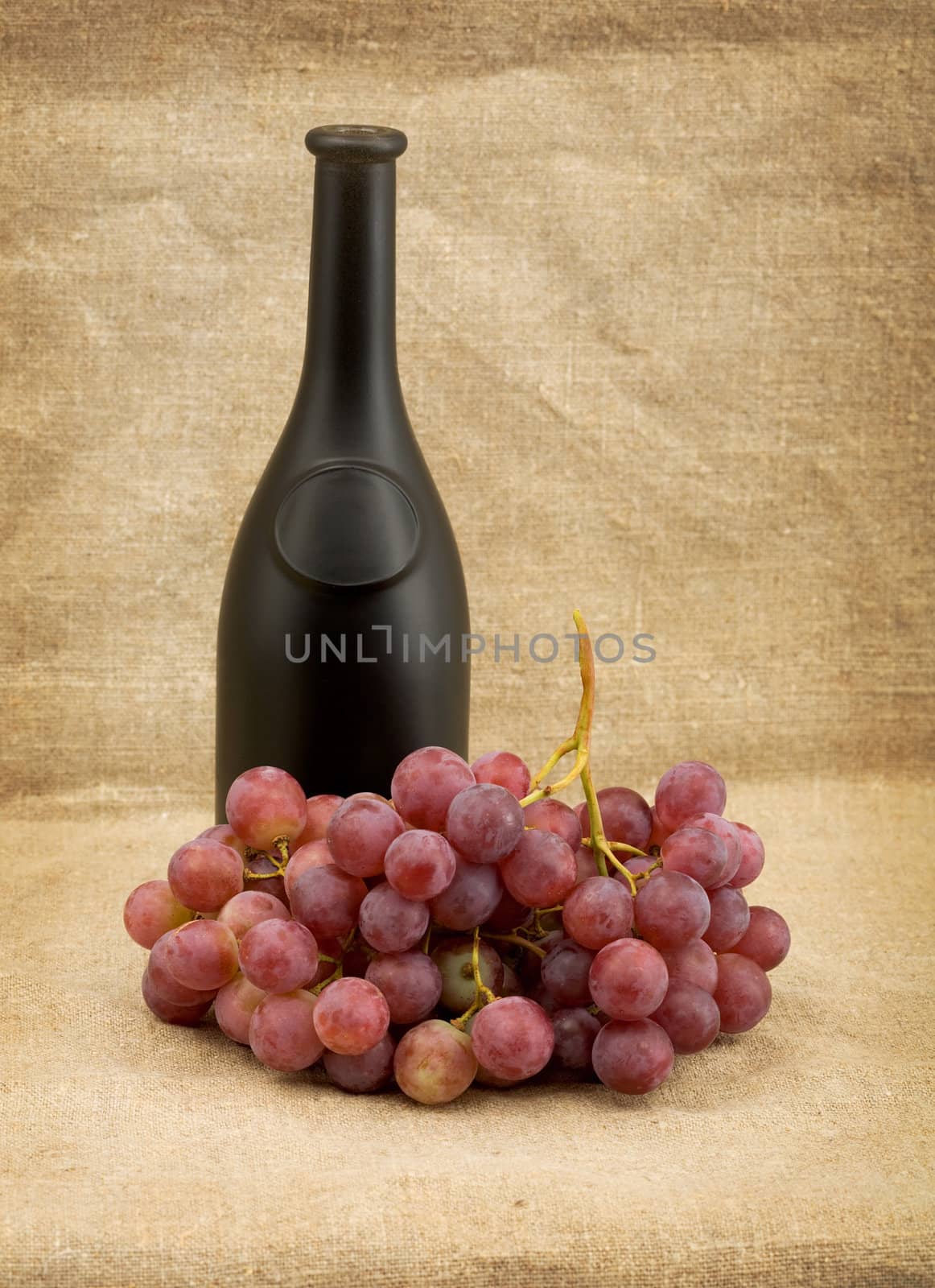 Dark bottle and red grapes bunch on background the canvas