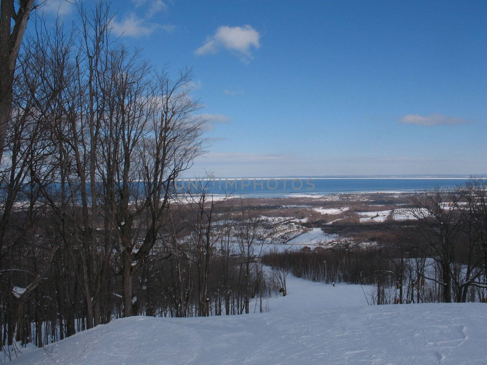 A beautiful view of Georgian Bay from the top of Bue Mountain at Collingwood. in February.
